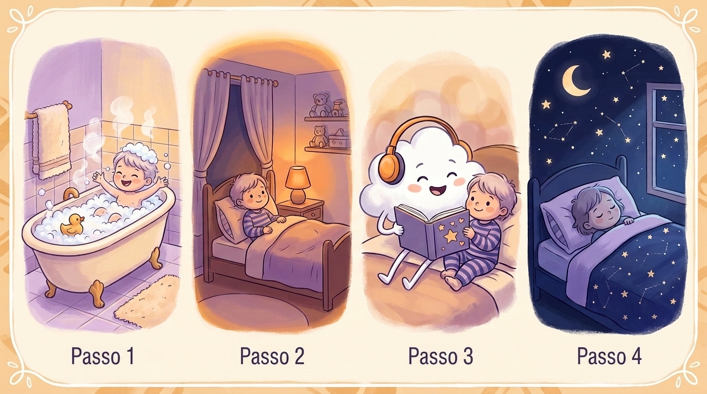Infográfico ilustrado com 4 passos da rotina de sono infantil em português brasileiro: Passo 1 banho morno, Passo 2 luz baixa, Passo 3 história em áudio, Passo 4 sono profundo
